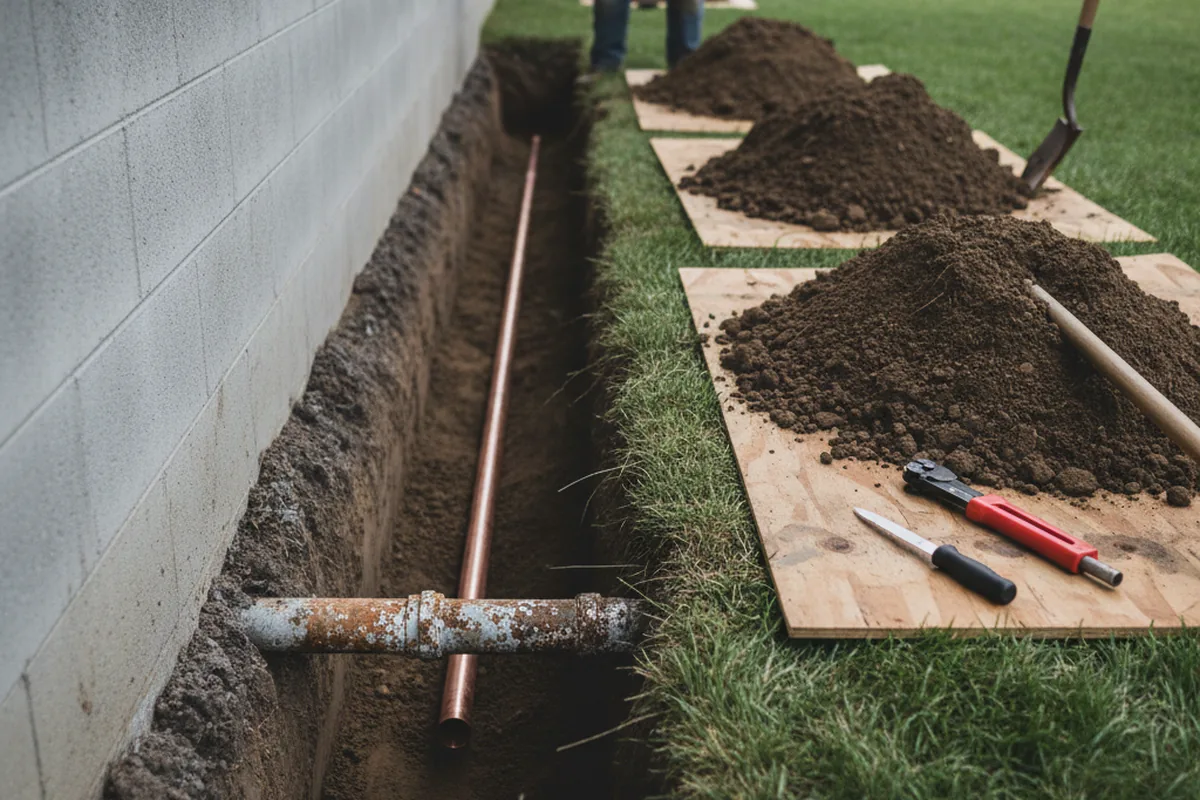 Excavated water line trench during Water Heater Repair in Tram